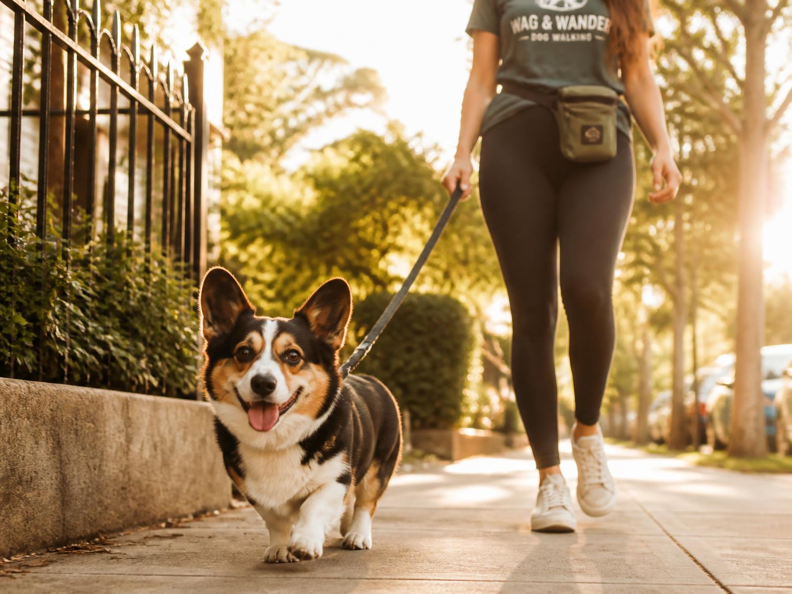 An independent dog walker walking a tricolor corgi on a sunny sidewalk